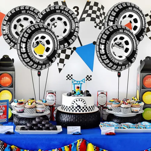 Vista 4 de 6 globos de rueda grandes, globos de aluminio de 30 pulgadas, globos de rueda de coche de carreras, decoraciones de fiesta de autos de carreras