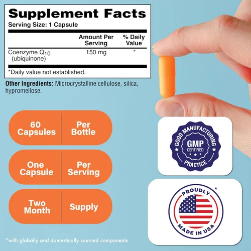 Vista 2 de Health Thru Nutrition CoQ-10 150mg - 60 cápsulas Coenzima de ubiquinona Q10 Apoya la energía celular y la protección antioxidante Sin OMG, sin