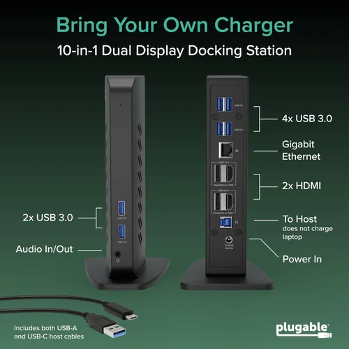 Vista 10 de Plugable Estación de acoplamiento dual DisplayPort y HDMI - Dock USB 3.0 y USB-C para portátil para monitores duales, DisplayLink, Mac
