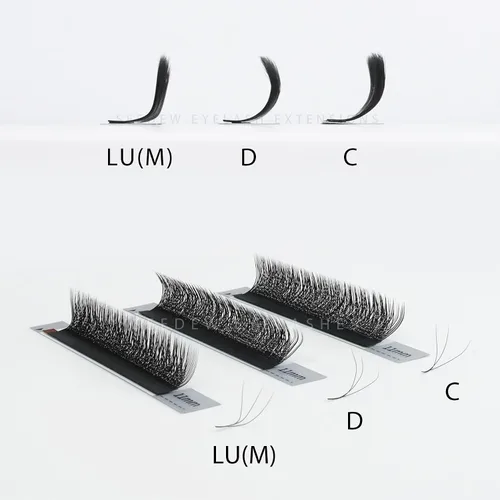 Vista 8 de Extensiones de pestañas 3D, rizo LU/M de 0.003 in, MIX8-0.591 in, 12 filas por bandeja, tallo plano en forma de W, injerto de pestañas natural PBT