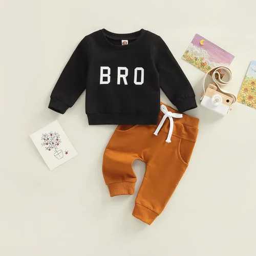 Vista 2 de Zempertoopa Conjunto de ropa para bebés y niñas con estampado de letras, sudadera con pantalones largos sólidos, 2 piezas, para otoño e invierno