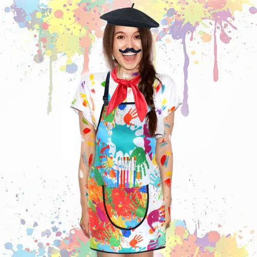 Vista 5 de Kyson Disfraz de artista para adultos, 8 piezas, pintor, Halloween, vestido con boina, delantal, paleta, pinceles, aretes, bandana y barba