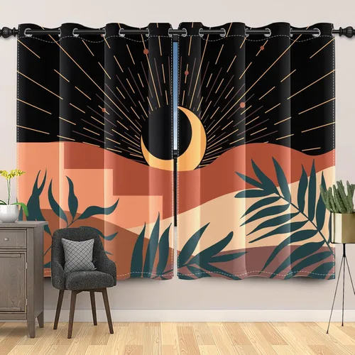 Vista 8 de Cortinas abstractas bohemias para ventana, estética de mediados de siglo, hojas de luna de montaña, para oscurecer la habitación, cortina con ojales