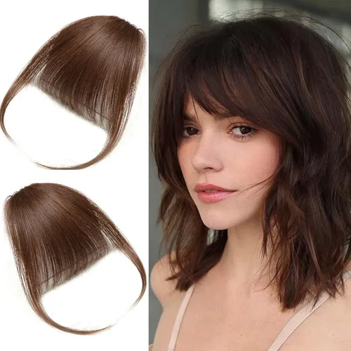 Vista 6 de Flequillo 100% humano, extensiones de cabello francés, flequillo curvado para mujer (flequillo de sienes largas de 7 pulgadas, negro natural)