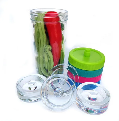 Vista 2 de Kit de fermentación de tarro Mason para tarro Mason de boca ancha con 4 pesos de vidrio y 4 tapas de fermentador, tarros no incluidos (sin libra)