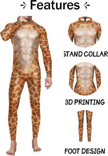 Vista 4 de SEAUR Body de Halloween con estampado 3D de animales para hombres, mujeres y adultos, cosplay, manga larga, con cremallera, disfraz