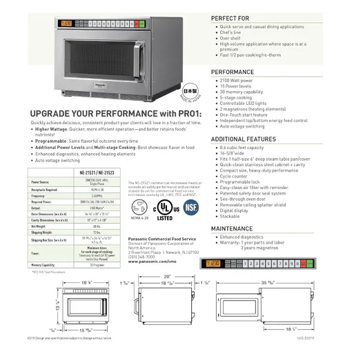 Vista 8 de Panasonic PRO1 - Horno de microondas comercial, resistente, 0.6 pies cúbicos de 2100 W, cocina de 5 etapas, pantalla LCD, acero inoxidable