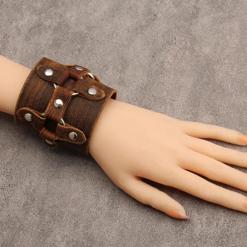 Vista 6 de Pulsera de cuero para hombre, brazaletes de cuero punk, pulsera de cuero negro para mujer