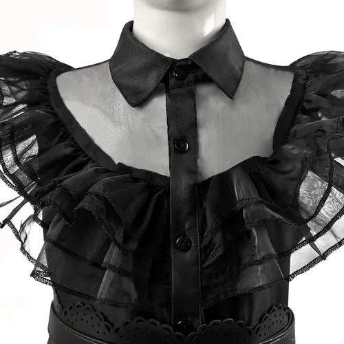 Vista 6 de Addams - Disfraz de cosplay familiar de Wednesday Addams con cinturón para niños para Halloween