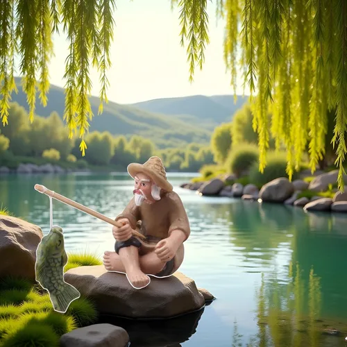 Vista 2 de 1 figura de pescador en miniatura, adorno de anciano de pesca, estatua de jardín sentado con lodo chino, estatuas al aire libre