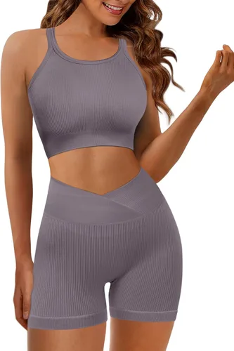 Vista 3 de JZC Conjuntos de entrenamiento para mujer, 2 piezas, acanalados, sin costuras, pantalones cortos de cintura alta, trajes de yoga