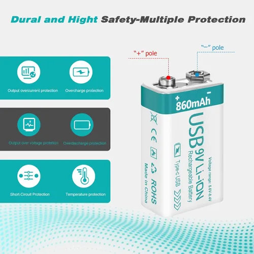 Vista 6 de Batería recargable de litio USB de 9 V de 860 mAh con cable de carga 4 en 1, baterías de 9 voltios 6f22 para detectores de humo (paquete de 8)