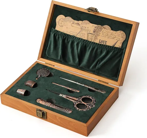 Vista 9 de Kit de tijeras de bordado vintage, regalo de Navidad para profesionales de costura, kit de costura antiguo europeo, herramientas de costura Plata