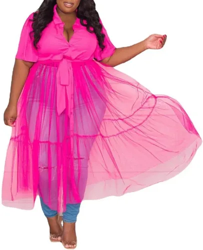 Vista 4 de Sunlips Vestido sexy con solapa para mujer, talla grande, con malla, transparente, manga corta, con vuelo, para discoteca