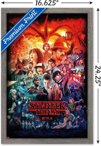 Vista 3 de Netflix Stranger Things - Póster de pared de tres temporadas formato one sheet, 22.4" x 14.7", versión con marco de madera de granero Versión