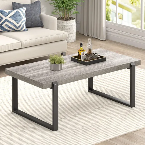 Vista 18 de FOLUBAN Mesa de café negra, mesa central moderna de madera y metal industrial, mesa rectangular de cóctel y té para sala de estar, 47 pulgadas