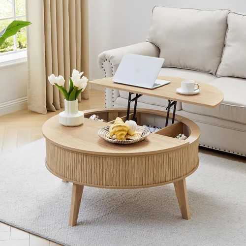 Vista 13 de Mesa de centro con parte superior acanalada totalmente montada con compartimento oculto, mesa central de madera, moderna mesa de elevación ovalada