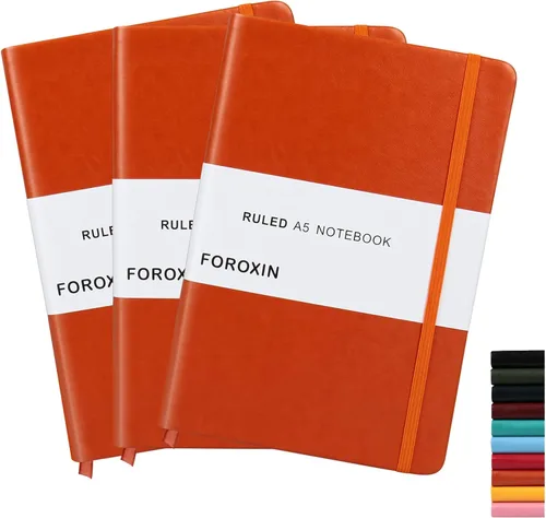 Vista 18 de Cuaderno rayado de tapa dura, tamaño A5, con forro de 8.3 x 5.7 pulgadas, papel grueso premium de 80 gsm (100 hojas/200 páginas). Tapa dura de piel