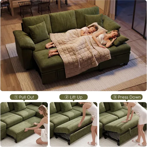 Vista 4 de Ihanherry Sofá modular de 86 pulgadas con cama extraíble, sofá cama modular en forma de L de 4 plazas con otomana de almacenamiento, sofás Verde
