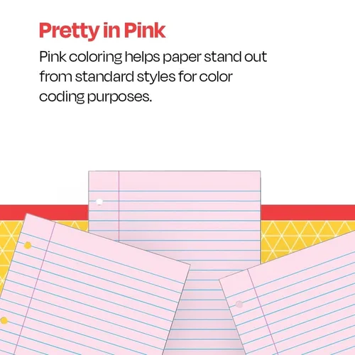 Vista 2 de School Smart Papel de relleno perforado de 3 agujeros, 8-1/2 x 11 pulgadas, rosa, 100 hojas - 087155