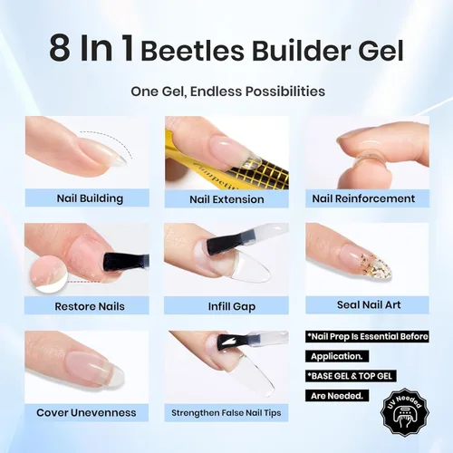 Vista 4 de Beetles - Gel constructor para uñas, 2 piezas de gel transparente 8 en 1, para fortalecer las uñas naturales instantáneas y extensión para salón
