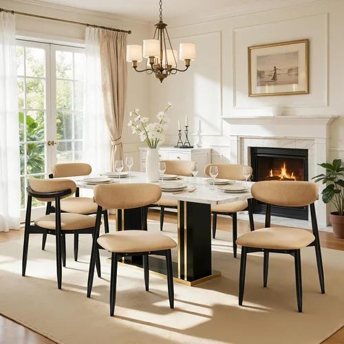 Vista 25 de CHUN YI Juego de 2 sillas de comedor tapizadas de madera maciza, sillas auxiliares de cocina de tela moderna de mediados de siglo con respaldo Beige