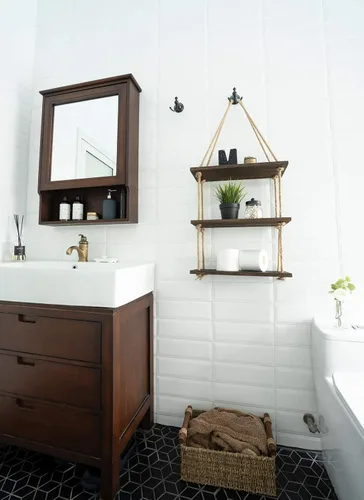 Vista 2 de Mkono Estantes colgantes de madera rústica de 3 niveles, estantes flotantes de pared para plantas de fotos, estante de almacenamiento colgante
