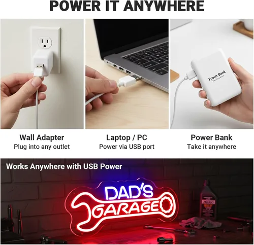 Vista 8 de Letrero de neón para garaje de papá, decoración de pared de garajes LED para taller, regalos para marido, papá, padre, hombres, rojo y azul