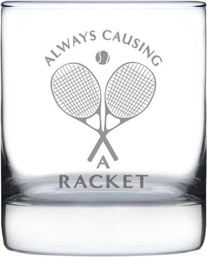 Vista 6 de Custom Causing A Racket – Vidrio de rocas de whisky personalizado – Decoración divertida temática de tenis y regalos – Vasos de 10.25 onzas