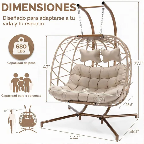 Vista 4 de BULEXYARD Silla columpio doble con soporte, asiento de gran tamaño para 2