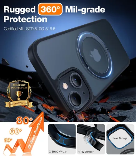 Vista 6 de TORRAS Funda con soporte giratorio de 360° para iPhone 15/iPhone 14, compatible con MagSafe, soporte de anillo magnético