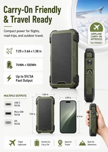 Vista 7 de Sudrov Banco de energía solar de 20,000 mAh, 15 W con cables integrados, cargador portátil, regalos para hombres, él marido, paquete de batería