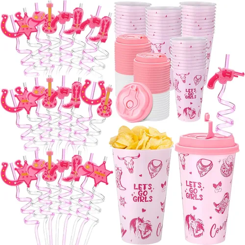 Vista 36 de Yungyan 16 juegos de tazas de golosinas con tapas y pajitas para decoraciones de cumpleaños, reutilizables, 16 onzas, vasos de plástico para dulces