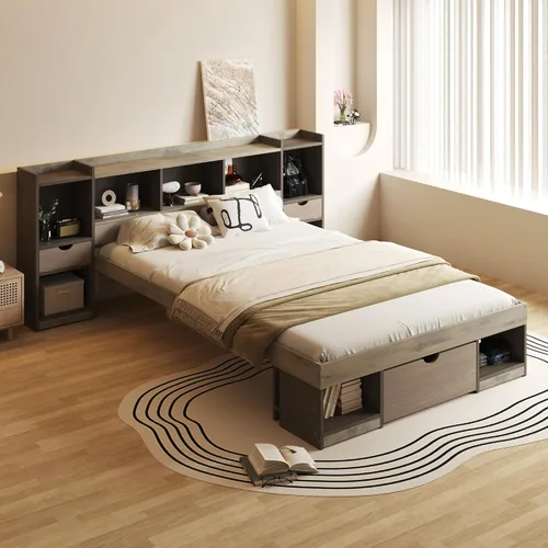 Vista 13 de Cama de plataforma de tamaño individual con cabecera de almacenamiento y taquillas, cabecera de almacenamiento multifuncional con 3 estantes Gris-t