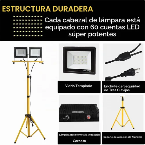 Vista 4 de Luces de trabajo de 22000 lúmenes con soporte, luz de trabajo LED de 2 cabezales ajustables, con soporte de trípode ajustable y plegable, lámpara