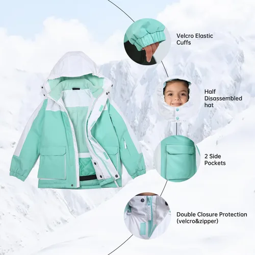Vista 2 de Chaqueta de esquí impermeable para niñas, chaqueta de snowboard para exteriores, resistente al viento, con forro polar, abrigo de nieve cálido
