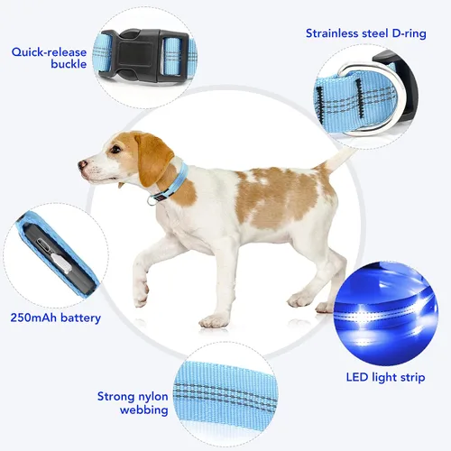 Vista 3 de Weesiber Collares de perro con luz LED, collar recargable con luces LED, luces reflectantes ajustables para perros para caminar por la noche