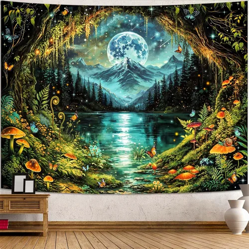Vista 14 de Kanuyee Tapiz de bosque verde, tapiz de paisaje para pared, tapices de naturaleza para techo y pared, colgante para dormitorio, sala de estar