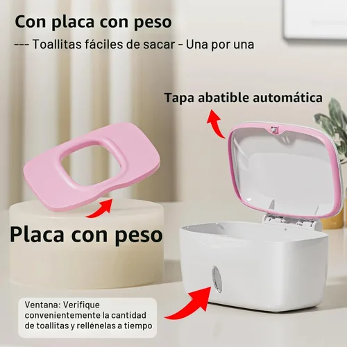 Vista 3 de Dispensador de toallitas con placa pesada, X2 PRO, soporte para toallitas Seposeve Perfect Pull para bebé, contenedor de toallitas recargable Rosa