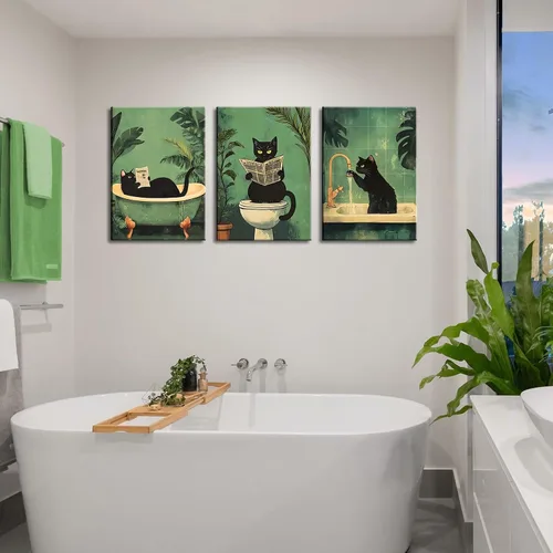 Vista 8 de 3 piezas de divertidos carteles de gato negro en lienzo para pared de baño Arte de pared vintage Gato se lava las patas leyendo el periódico