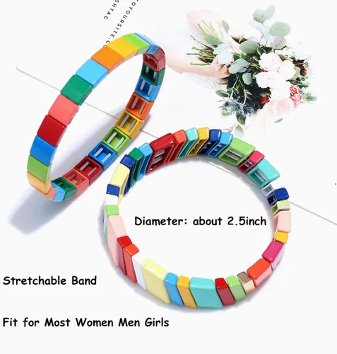 Vista 5 de Juego de 4 pulseras elásticas de azulejos esmaltados de arcoíris para mujer, juego de pulseras elásticas de cuentas multicolores apilables