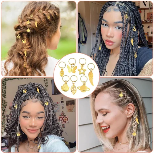 Vista 7 de 280 piezas de joyería para el cabello para mujer, dijes para el cabello, cuentas para trenzas, joyería para rastas, trenzas doradas ajustables