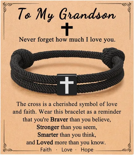 Vista 13 de UNGENT THEM Pulsera de cuerda trenzada con cruz para hombres y niños, Navidad, San Valentín, graduación, Pascua, regalos de bautismo cristiano