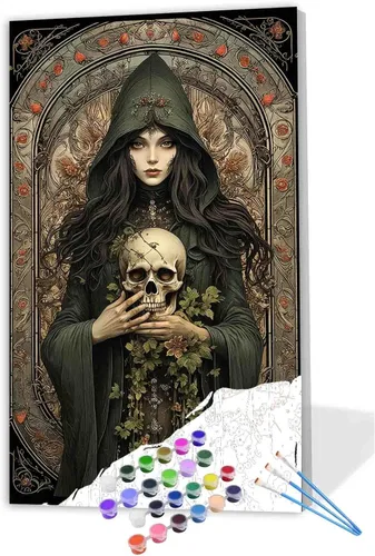 Vista 9 de Tucocoo Pintura de bruja por números para adultos y niños, rosas rojas, pintura en lienzo por números, pintura acrílica, manualidades, decoración