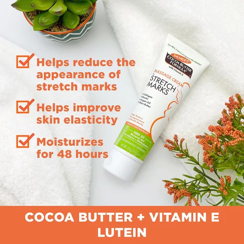 Vista 4 de Crema de masaje para estrías, fórmula de mantequilla de cacao de Palmer. 4.4 onzas