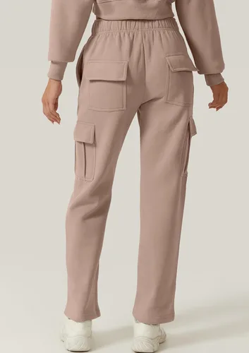 Vista 4 de QINSEN Pantalones deportivos holgados de cintura media para mujer, pantalones largos de forro polar con bolsillos