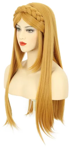Vista 2 de karlery Peluca larga recta amarilla para mujeres adultas con trenza para Halloween, cosplay, fiesta de disfraces, peluca con orejas de elfo