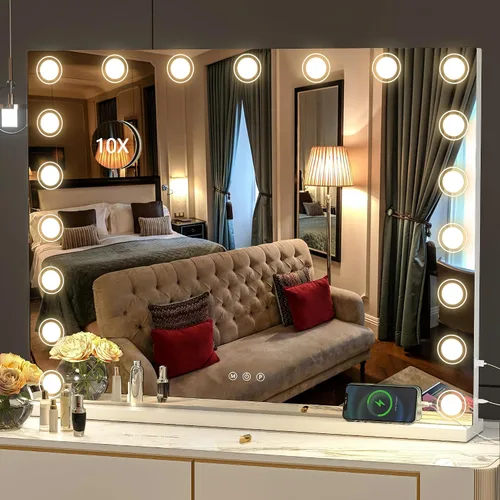 Vista 8 de Hasipu Espejo de tocador con luces, espejo de maquillaje de 32 x 24 pulgadas, espejo iluminado con 14 luces LED regulables y aumento de 10X, 3 modos