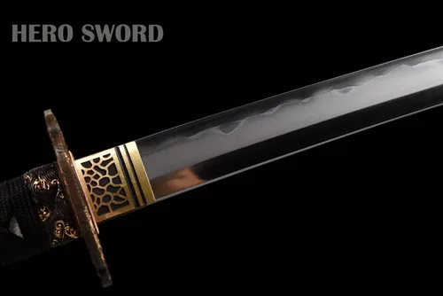 Vista 4 de Espada katana templada de arcilla Sanmai de acero plegado, navaja real, afilada, espiga completa, auténtica, samurái, armas japonesas, rojo
