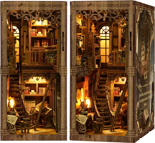 Vista 9 de Kit de rincón de libros de bricolaje 3D rompecabezas de madera para adultos, kit de casa en miniatura de librería, estantería de libro, decoración